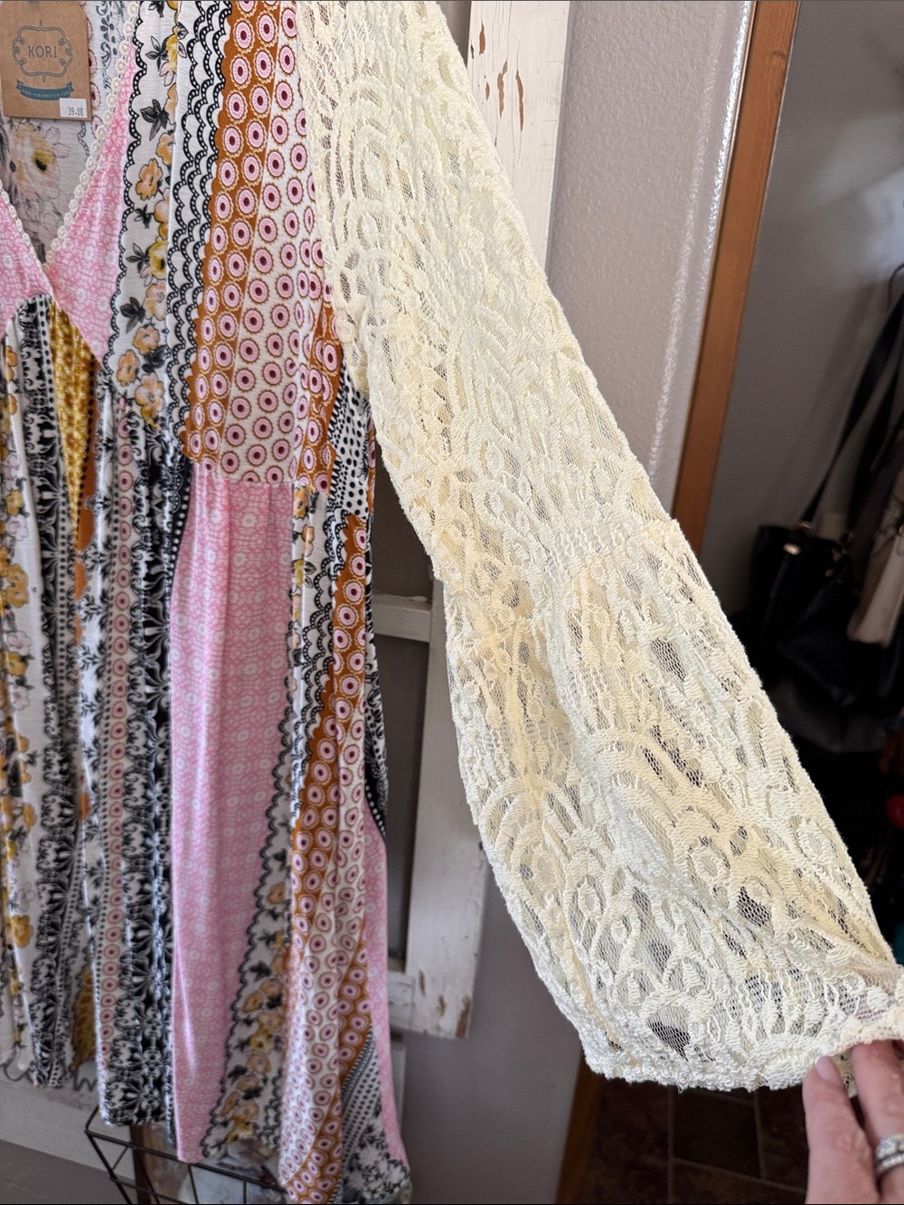 Fun Floral Mixed-Print V-Neck Boho style Dress - Pink, Yellow, Black, cream. New - Picture 3 of 6
